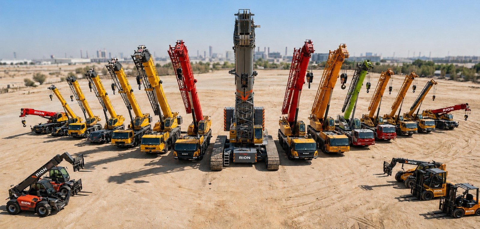 RION Cranes fleet of mobile, crawler and rough-terrain cranes lined up at a UAE site